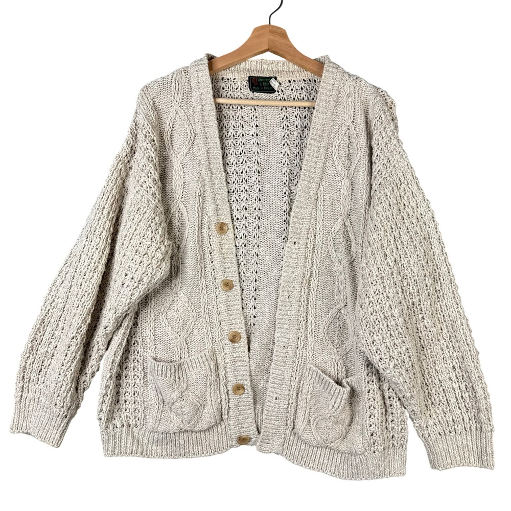 Vintage Abercrombie & Fitch Oatmeal Colored Linen Cotton Cable Knit Cardigan L